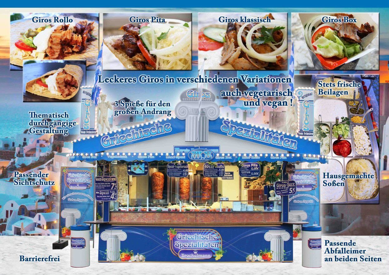 Der blau-wei&szlig;e Stand &bdquo;Griechische Spezialit&auml;ten&ldquo; mit dem damaligen Angebot